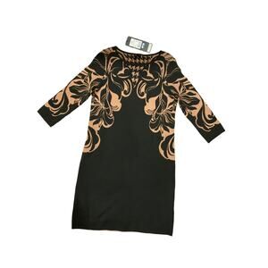 Escada Wool Mini Shift Dress Womens Size Medium Black Caramel Long Sleeve NEW